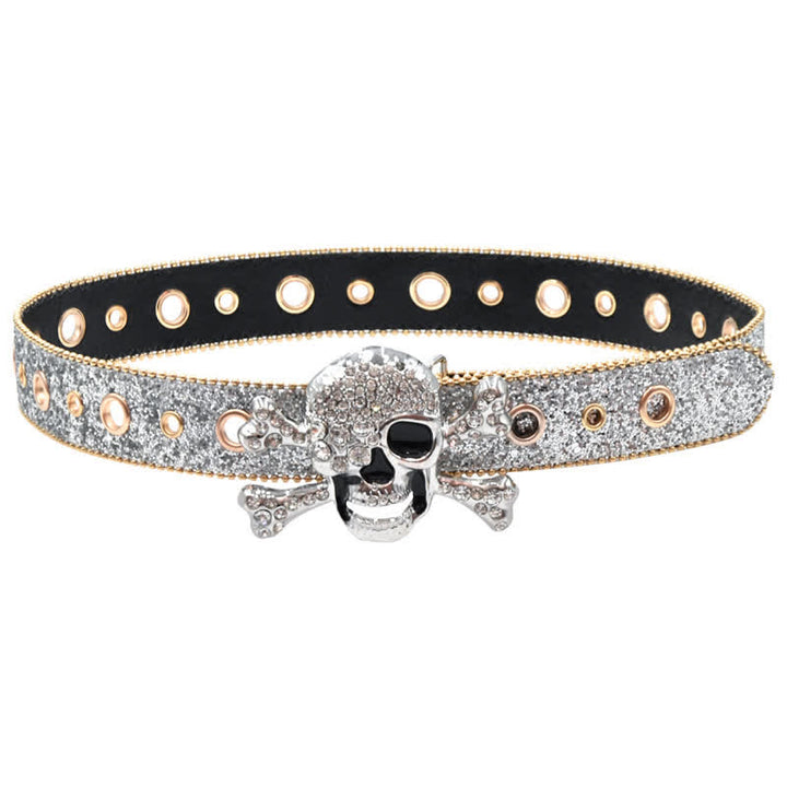 Ceinture en cuir à paillettes avec boucle tête de mort et bord en perles dorées