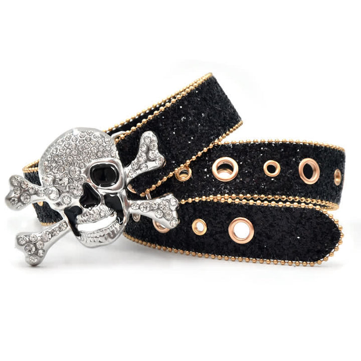 Ceinture en cuir à paillettes avec boucle tête de mort et bord en perles dorées
