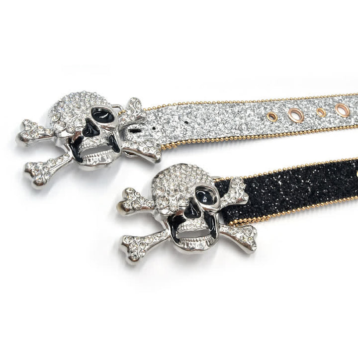 Ceinture en cuir à paillettes avec boucle tête de mort et bord en perles dorées