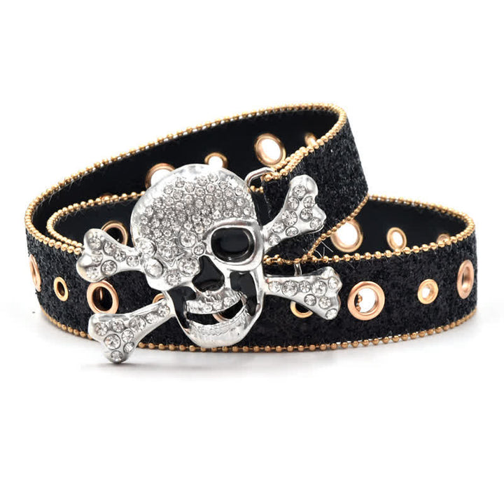 Ceinture en cuir à paillettes avec boucle tête de mort et bord en perles dorées