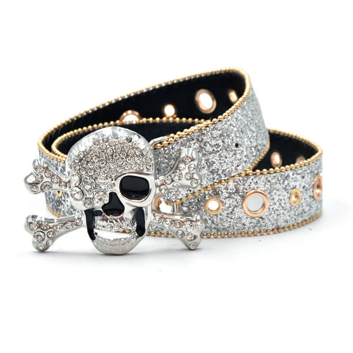 Ceinture en cuir à paillettes avec boucle tête de mort et bord en perles dorées