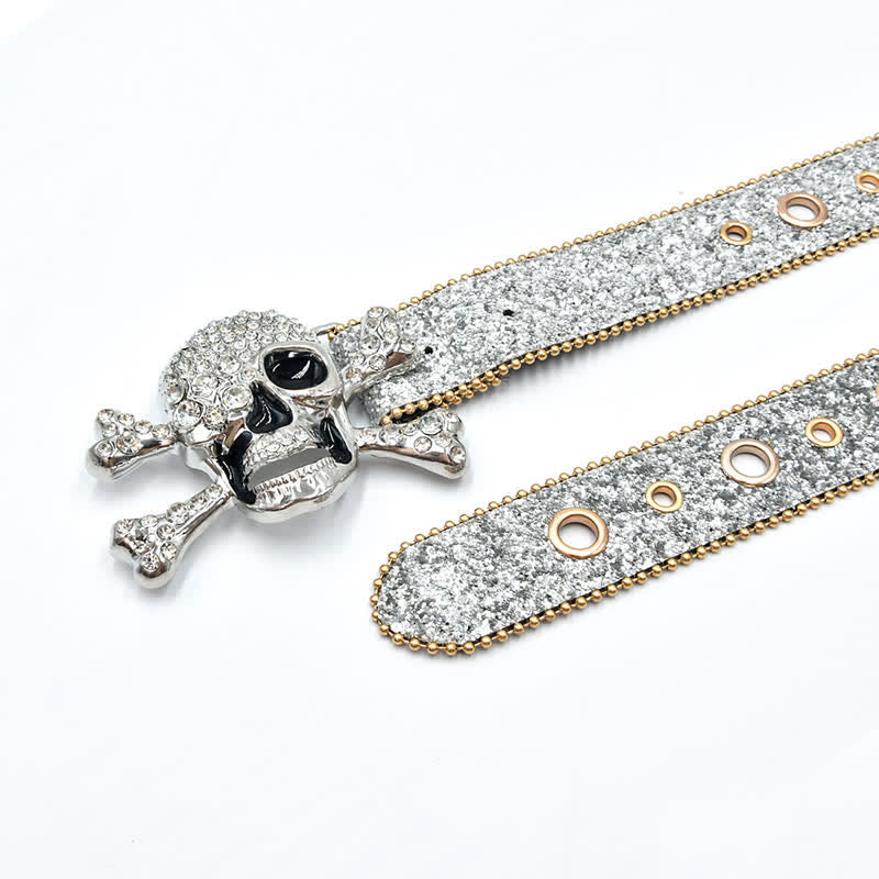 Ceinture en cuir à paillettes avec boucle tête de mort et bord en perles dorées