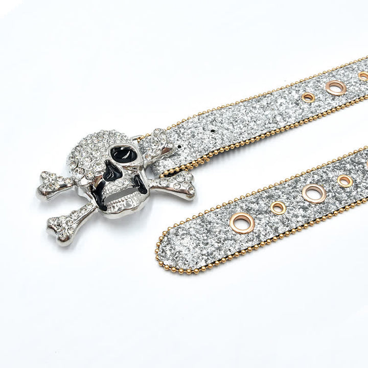 Ceinture en cuir à paillettes avec boucle tête de mort et bord en perles dorées