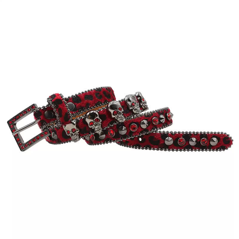 Ceinture en cuir à imprimé léopard avec rivets en forme de tête de mort gothique fantaisie