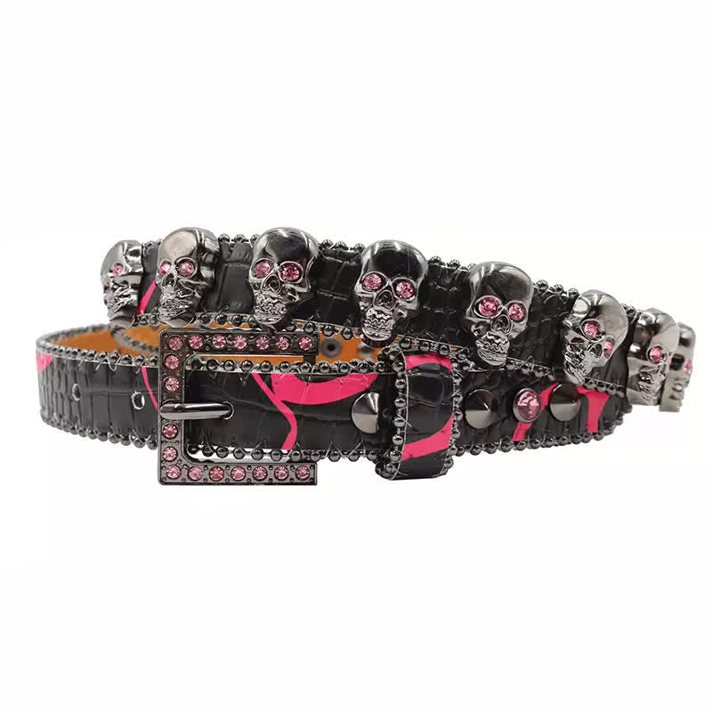 Ceinture en cuir à imprimé léopard avec rivets en forme de tête de mort gothique fantaisie
