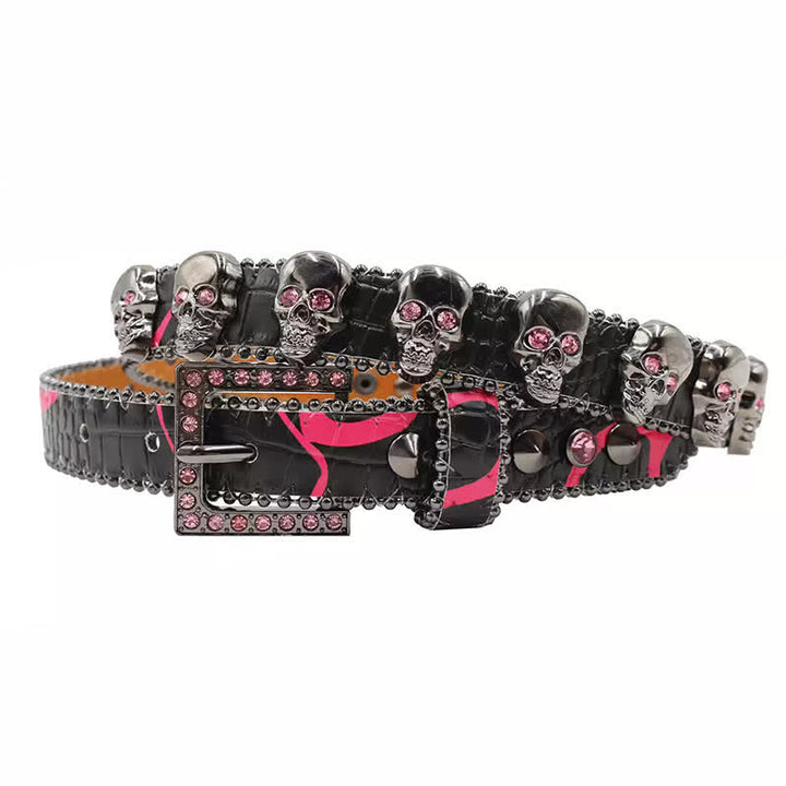 Ceinture en cuir à imprimé léopard avec rivets en forme de tête de mort gothique fantaisie