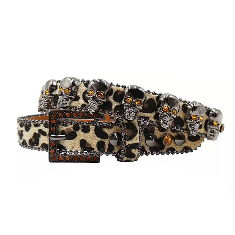 Ceinture en cuir à imprimé léopard avec rivets en forme de tête de mort gothique fantaisie