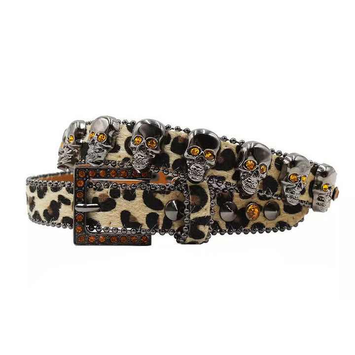Ceinture en cuir à imprimé léopard avec rivets en forme de tête de mort gothique fantaisie