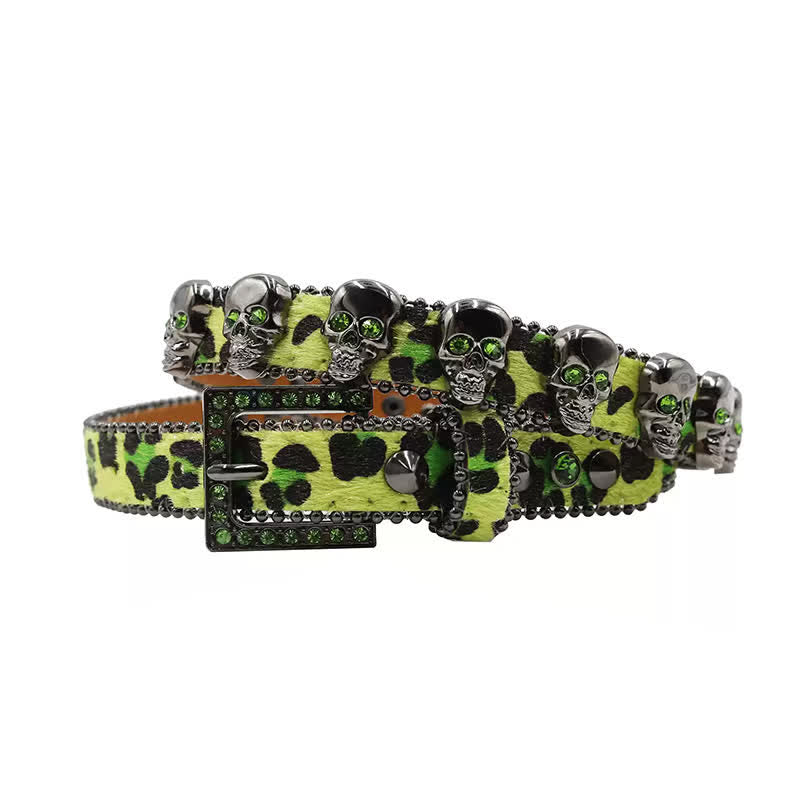 Ceinture en cuir à imprimé léopard avec rivets en forme de tête de mort gothique fantaisie