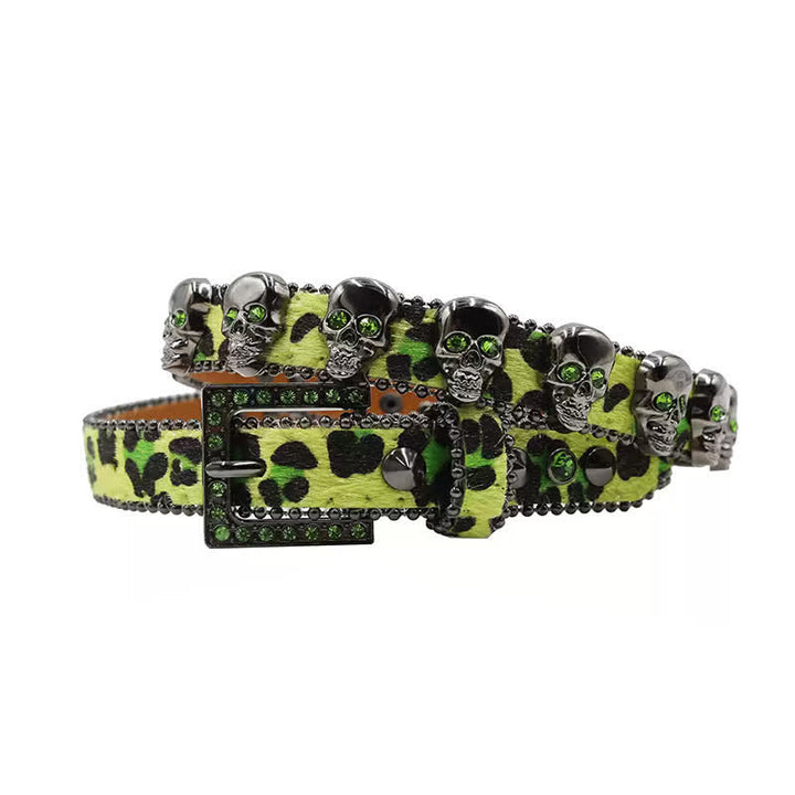 Ceinture en cuir à imprimé léopard avec rivets en forme de tête de mort gothique fantaisie