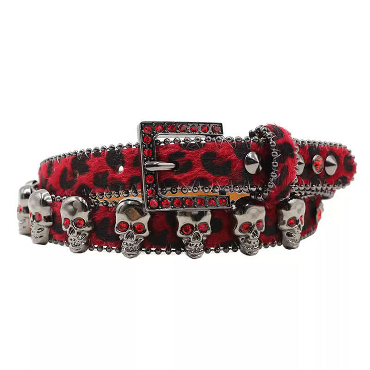 Ceinture en cuir à imprimé léopard avec rivets en forme de tête de mort gothique fantaisie