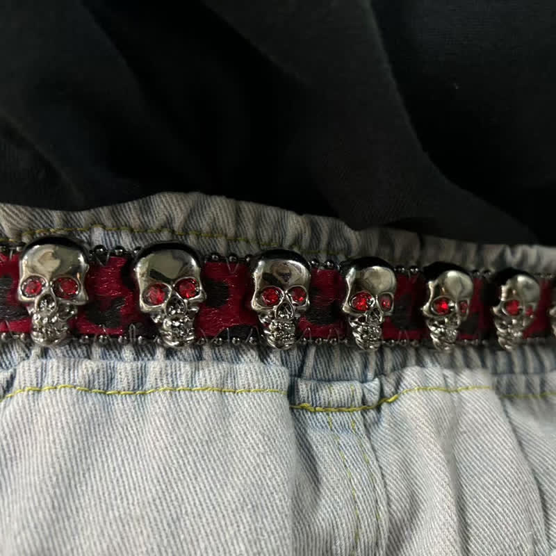 Ceinture en cuir à imprimé léopard avec rivets en forme de tête de mort gothique fantaisie