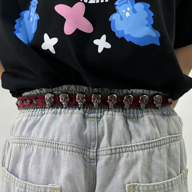 Ceinture en cuir à imprimé léopard avec rivets en forme de tête de mort gothique fantaisie