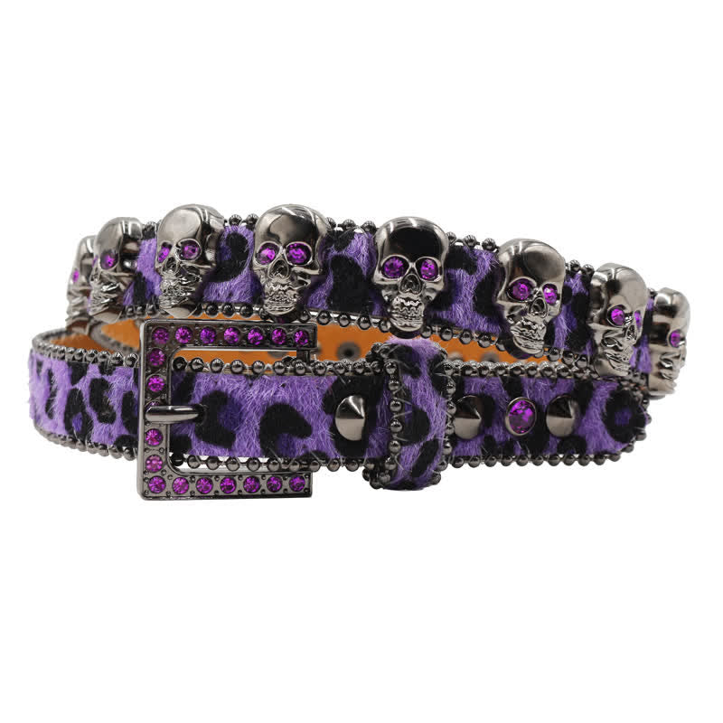 Ceinture en cuir à imprimé léopard avec rivets en forme de tête de mort gothique fantaisie