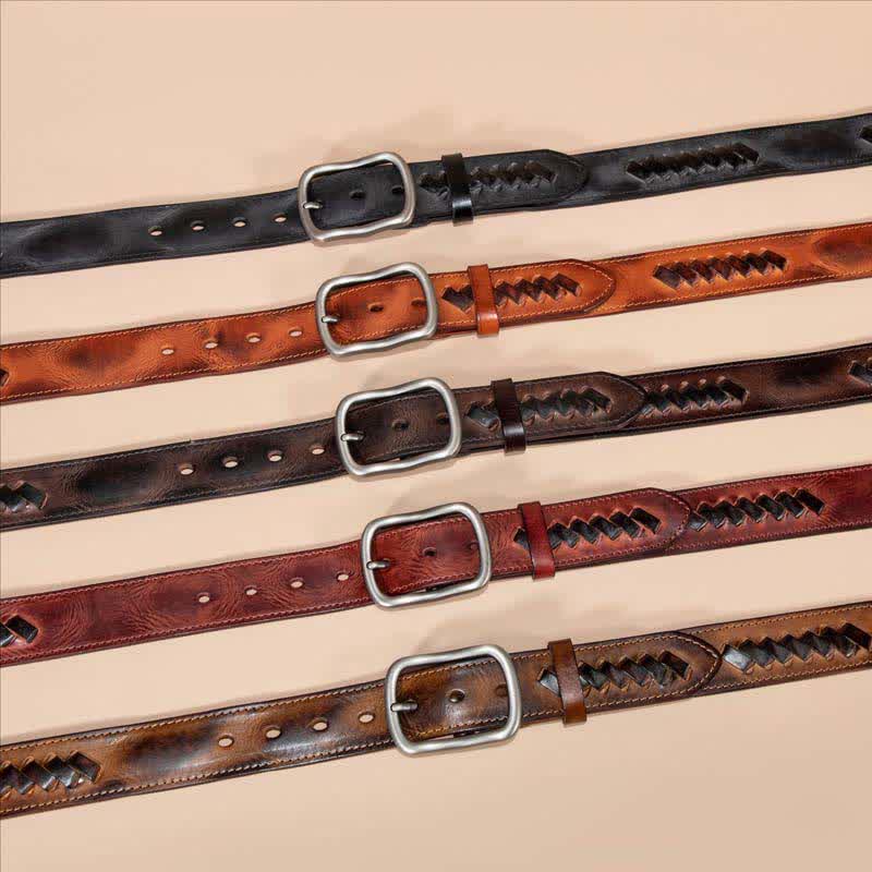 Ceinture en cuir de vachette à motifs tissés rétro