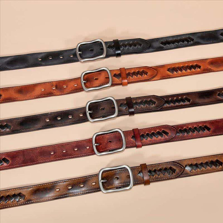 Ceinture en cuir de vachette à motifs tissés rétro