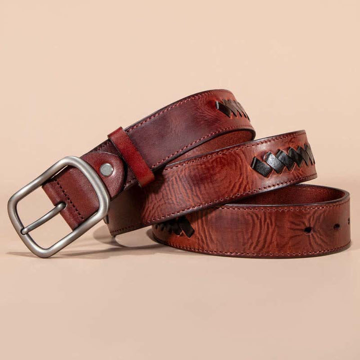 Ceinture en cuir de vachette à motifs tissés rétro