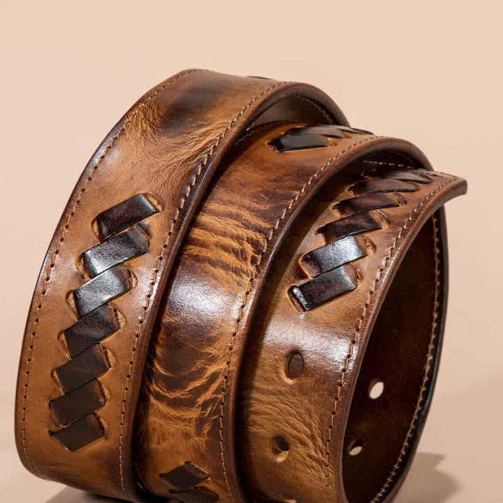 Ceinture en cuir de vachette à motifs tissés rétro