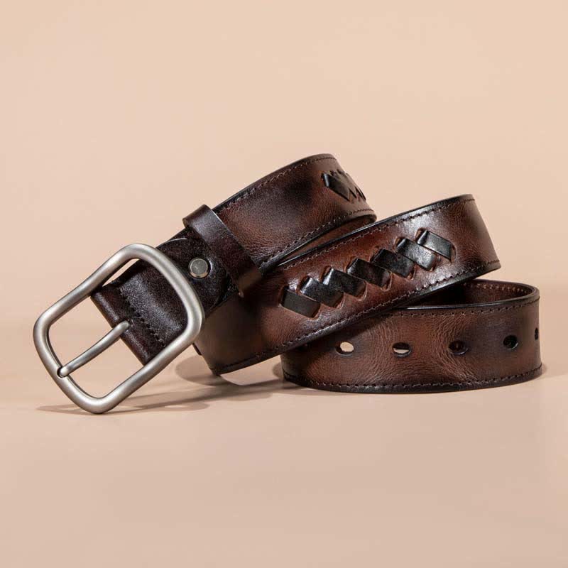 Ceinture en cuir de vachette à motifs tissés rétro