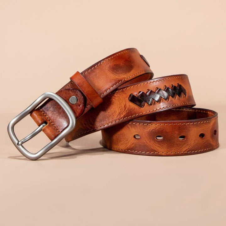 Ceinture en cuir de vachette à motifs tissés rétro