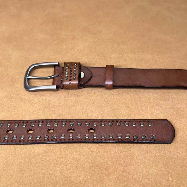 Ceinture en cuir à rivets métalliques punk de couleur pure antique