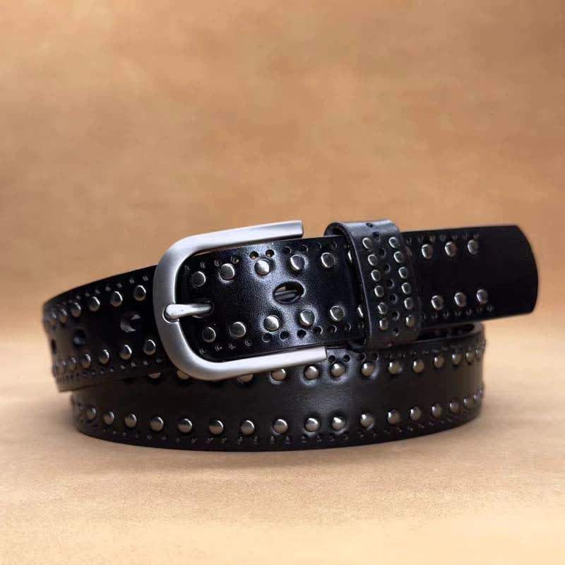 Ceinture en cuir à rivets métalliques punk de couleur pure antique