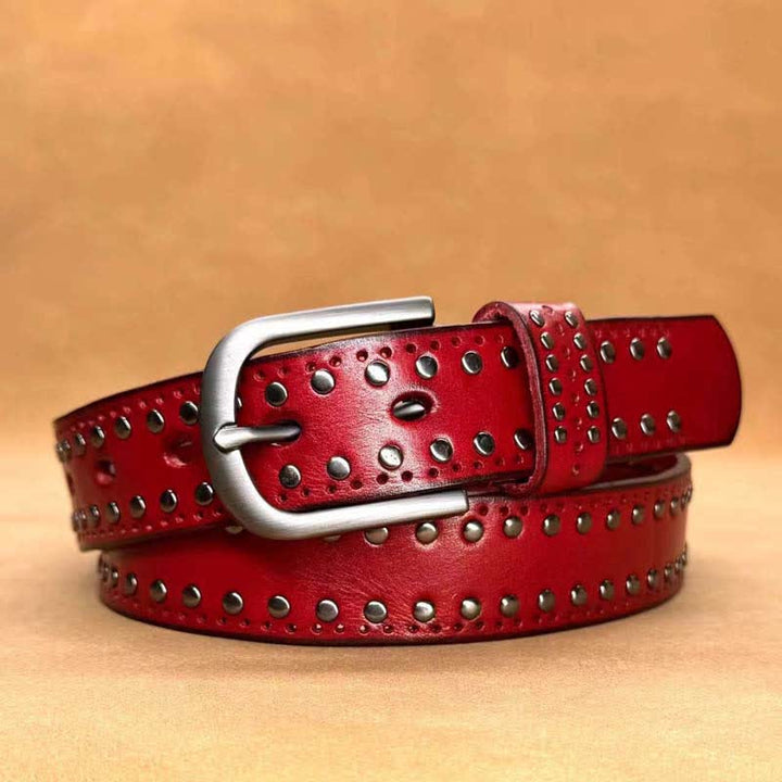Ceinture en cuir à rivets métalliques punk de couleur pure antique