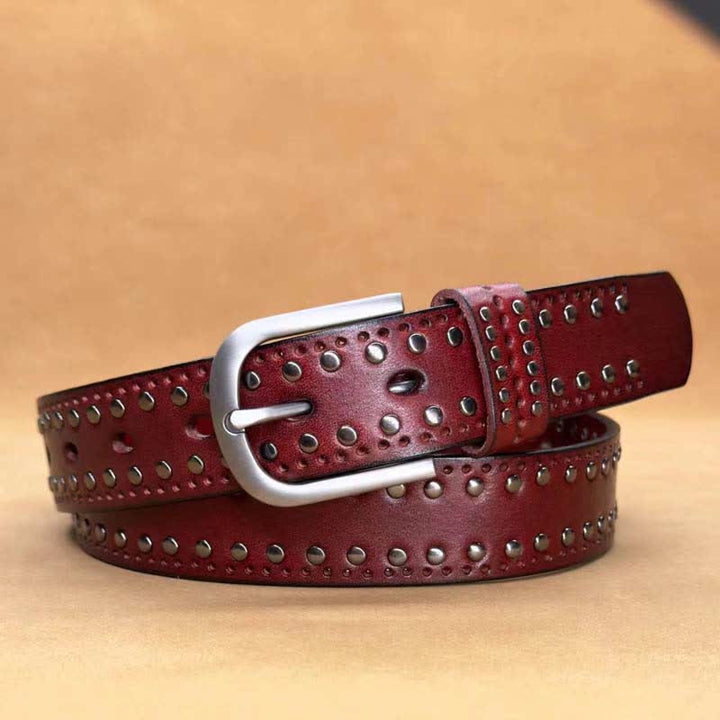 Ceinture en cuir à rivets métalliques punk de couleur pure antique