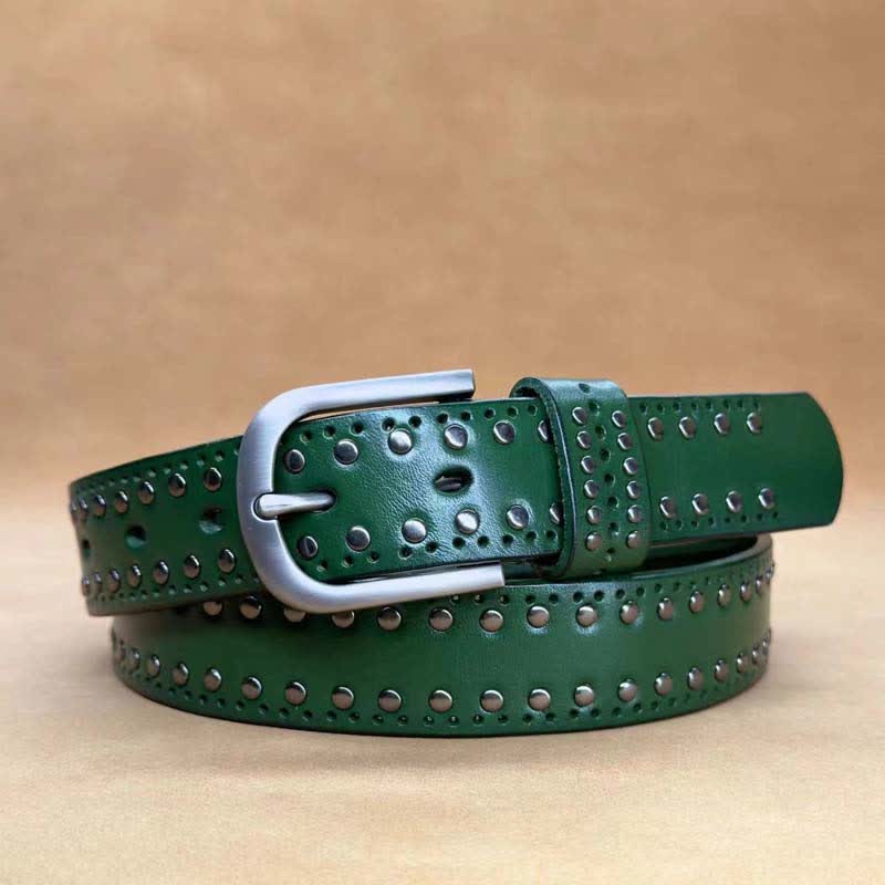 Ceinture en cuir à rivets métalliques punk de couleur pure antique