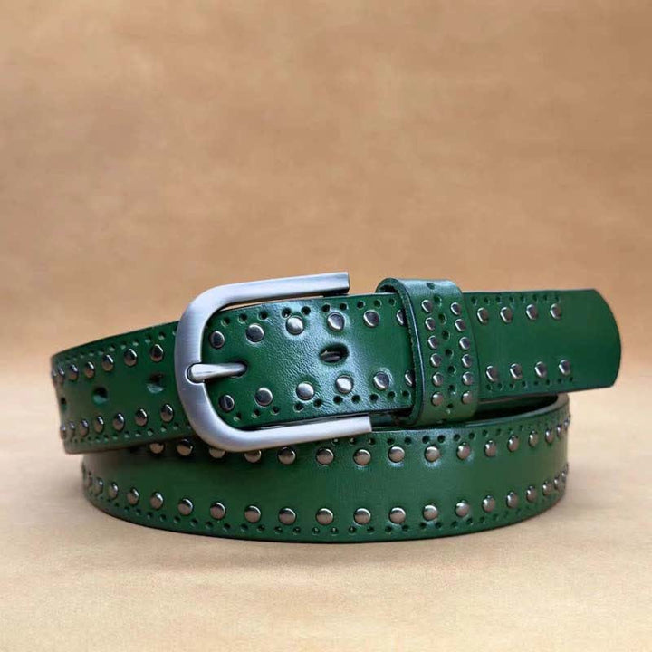 Ceinture en cuir à rivets métalliques punk de couleur pure antique