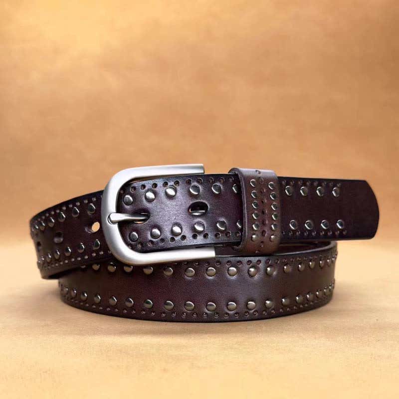Ceinture en cuir à rivets métalliques punk de couleur pure antique