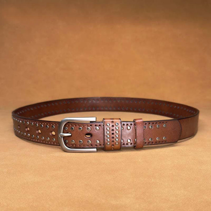 Ceinture en cuir à rivets métalliques punk de couleur pure antique