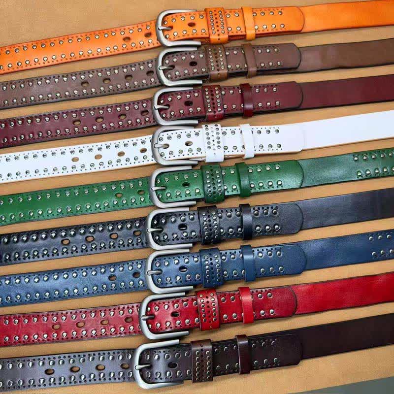 Ceinture en cuir à rivets métalliques punk de couleur pure antique