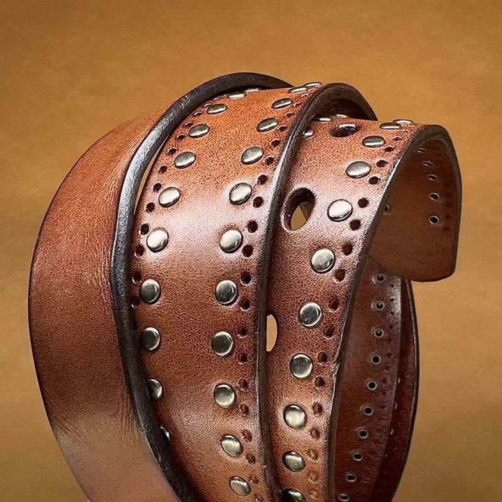 Ceinture en cuir à rivets métalliques punk de couleur pure antique