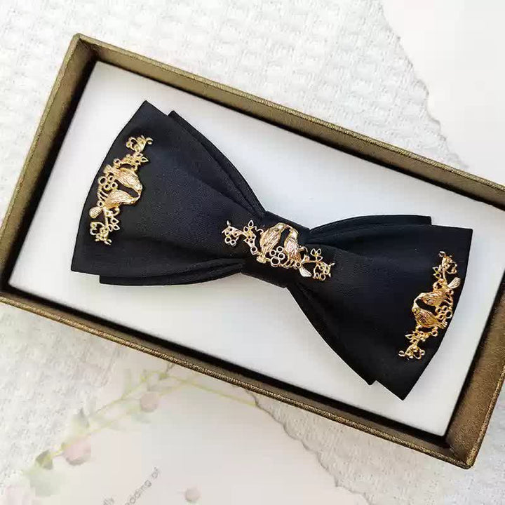 Nœud papillon double épaisseur en métal doré pour homme avec branches et oiseaux