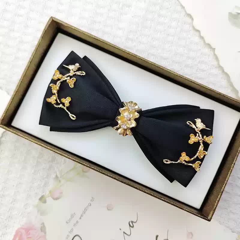 Nœud papillon double épaisseur en métal doré pour homme avec branches et oiseaux