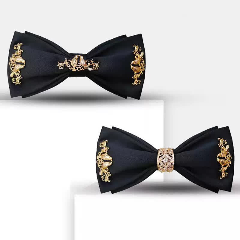 Nœud papillon double épaisseur en métal doré pour homme avec branches et oiseaux