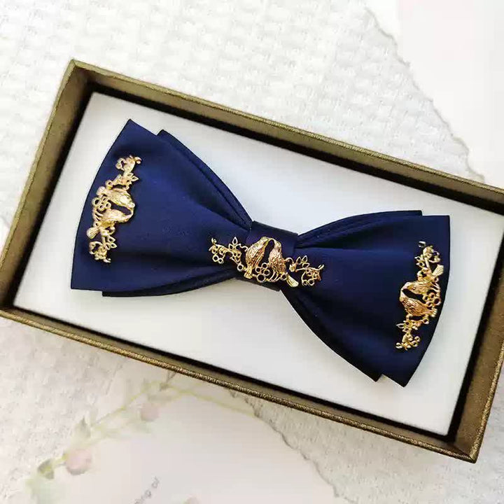 Nœud papillon double épaisseur en métal doré pour homme avec branches et oiseaux