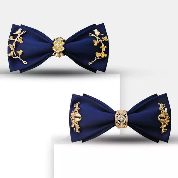 Nœud papillon double épaisseur en métal doré pour homme avec branches et oiseaux