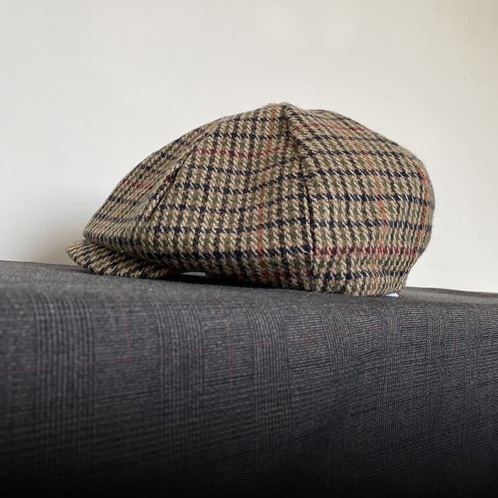 Casquette béret gavroche en tweed écossais beige