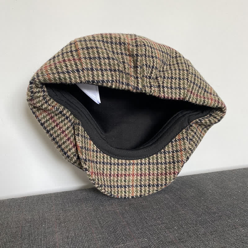 Casquette béret gavroche en tweed écossais beige