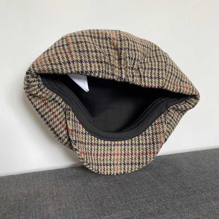 Casquette béret gavroche en tweed écossais beige