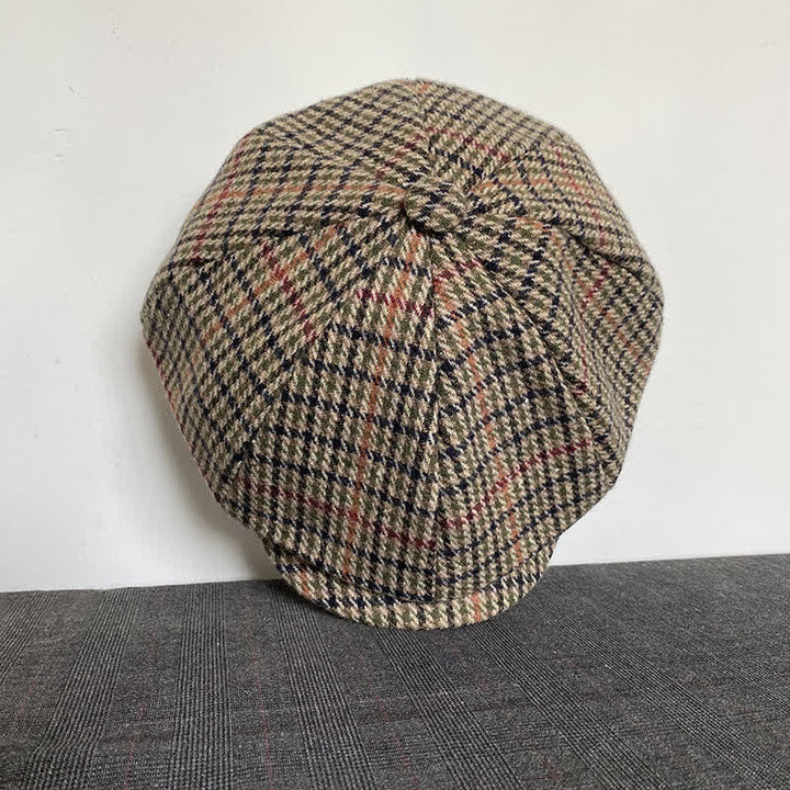 Casquette béret gavroche en tweed écossais beige