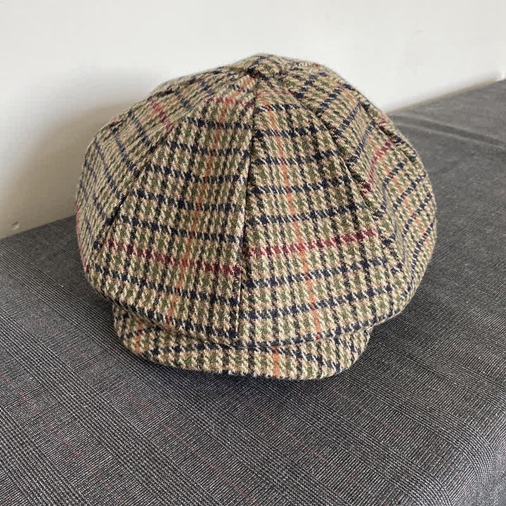 Casquette béret gavroche en tweed écossais beige