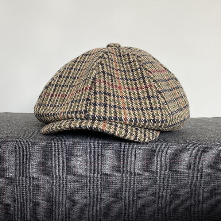 Casquette béret gavroche en tweed écossais beige