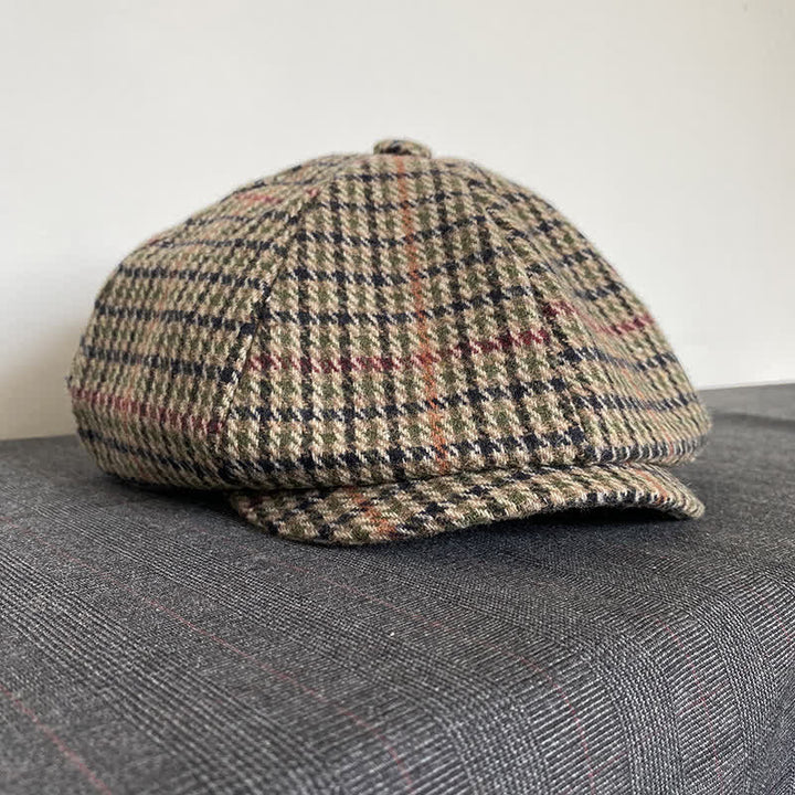 Casquette béret gavroche en tweed écossais beige