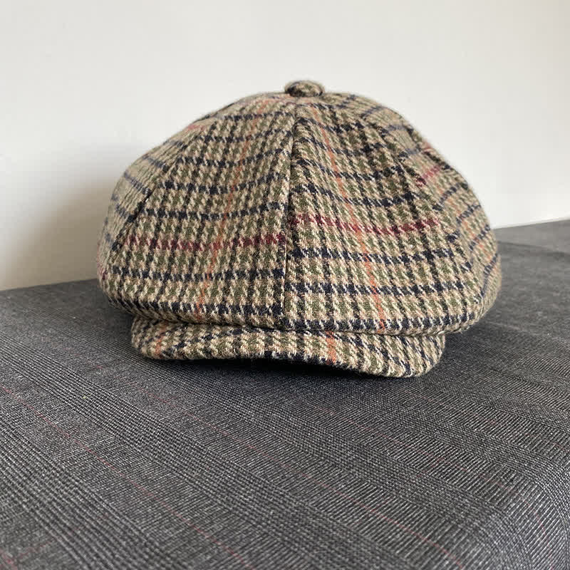 Casquette béret gavroche en tweed écossais beige