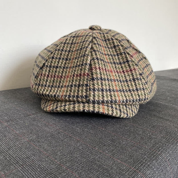 Casquette béret gavroche en tweed écossais beige