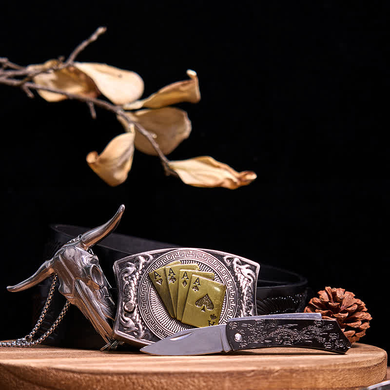 Ensemble de pendentifs en forme de taureau à longues cornes, couteau caché à faire soi-même, gadget occidental - Poker d'or - Ceinture noire avec aigle en relief - 40 - image 72