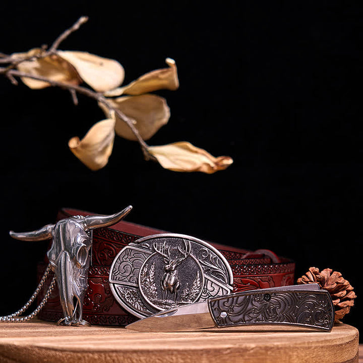 Ensemble de pendentifs en forme de taureau à longues cornes, couteau caché à faire soi-même, gadget occidental - Cerf - Ceinture marron sculptée - 40 - image 19